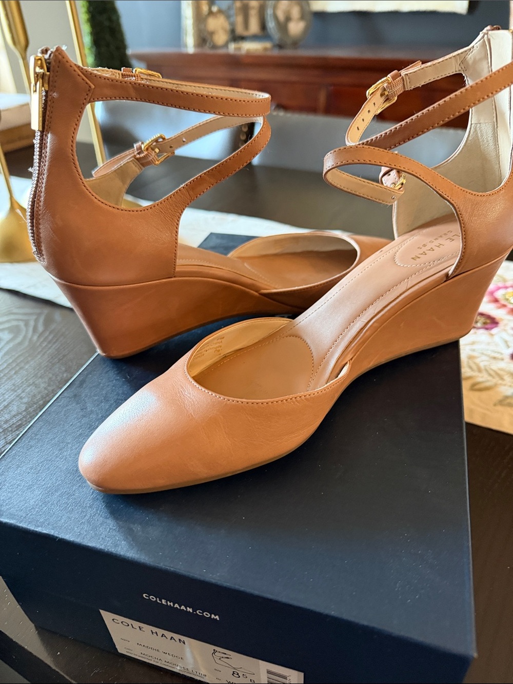 Cole Haan Tan Leather Ankle-Strap Wedge Sandals size 8.5